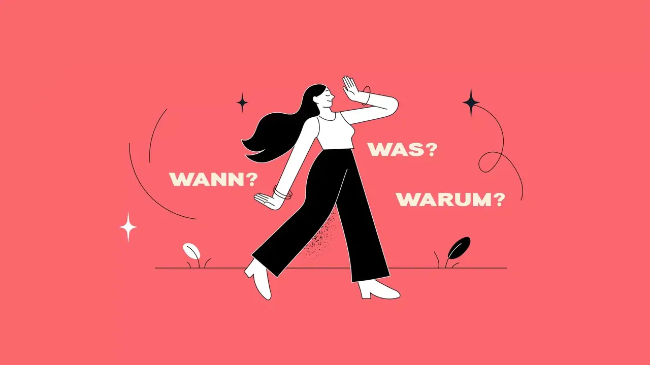 Illustration: Frau fragt "Wann?", "Was?", "Warum?"