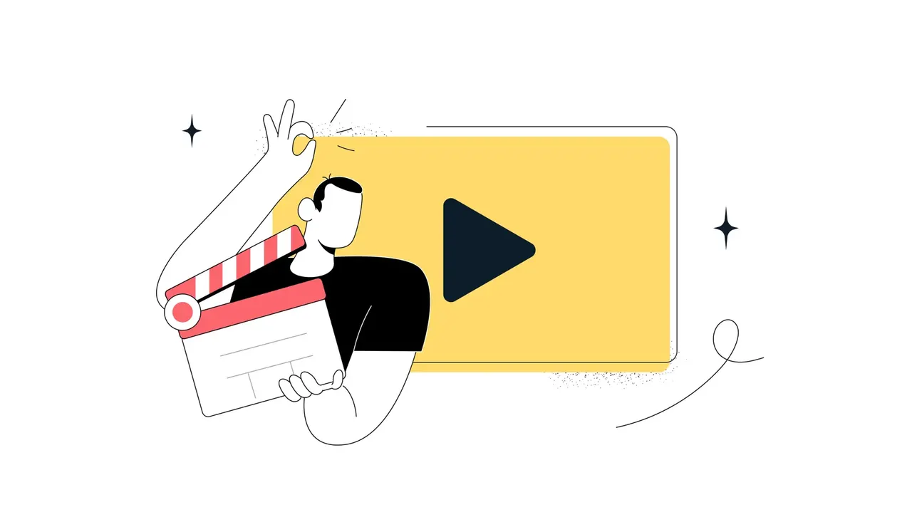 Illustration: Mann mit Filmklappe vor einem Video-Player-Symbol