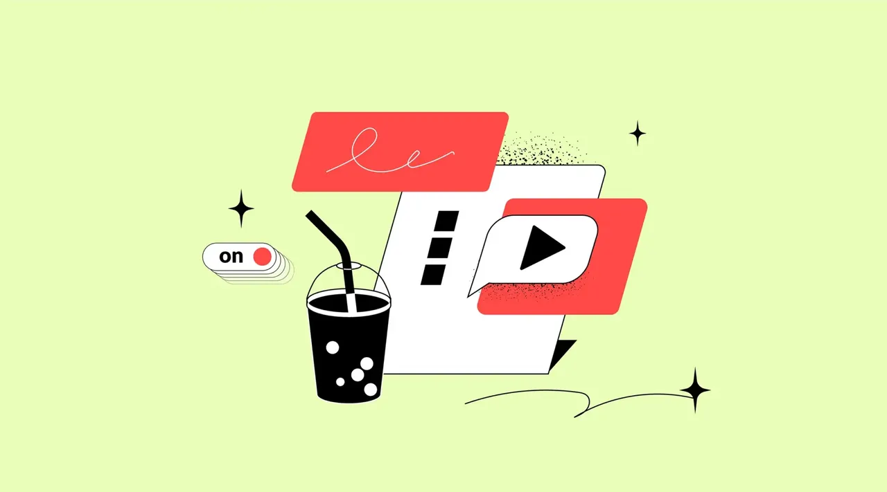 Das Bild zeigt eine stilisierte Tasse mit Strohhalm, ein Dokument mit Play-Button, rote Sprechblasen und ein 'on'-Aufnahmezeichen.