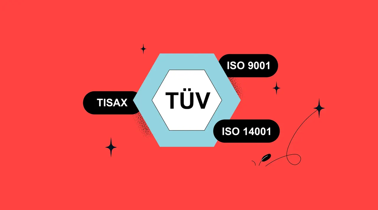 Das Bild zeigt ein rotes Hintergrundbild mit einem hellblauen Hexagon, das den Text 'TÜV' enthält.