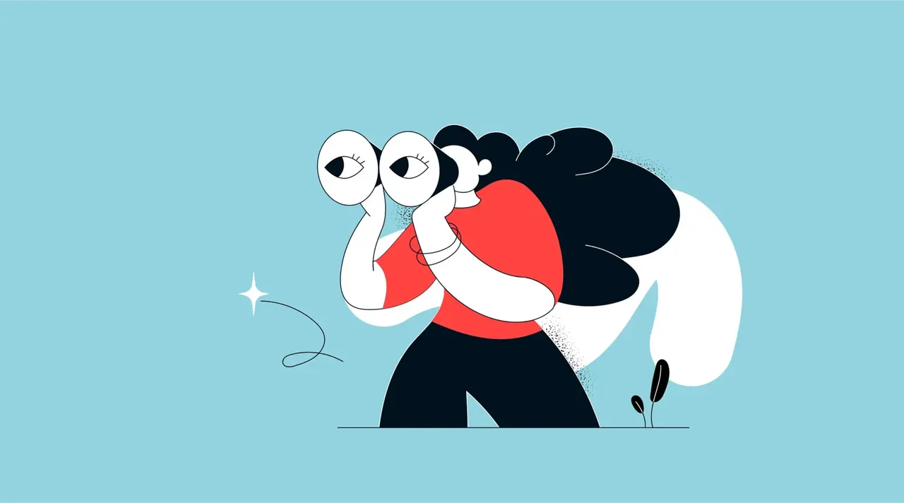 Stylisierte Illustration einer Person mit schwarzen Haaren, die ein Fernglas hält.