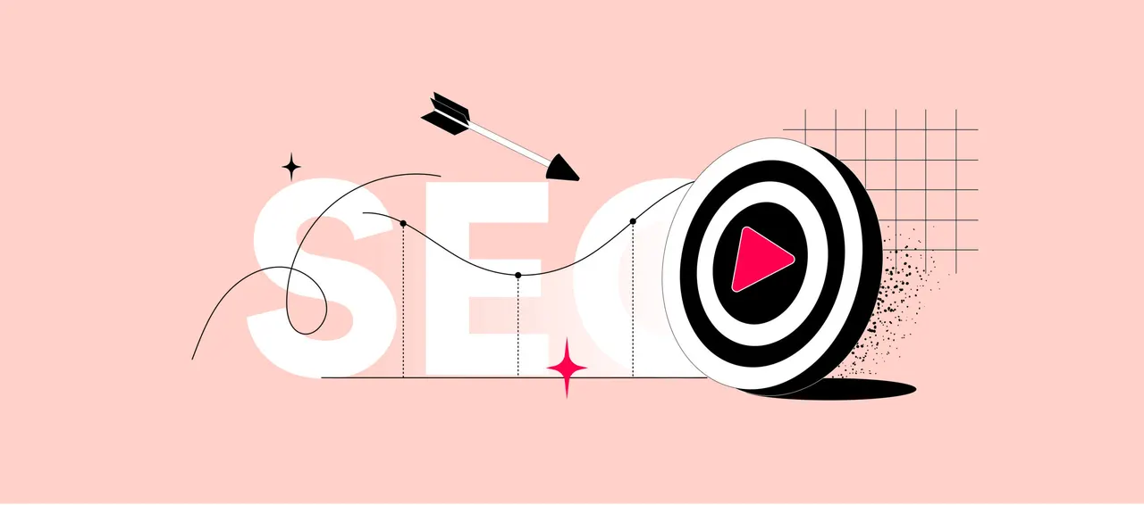 Illustration: SEO-Schriftzug, Pfeil, Zielscheibe mit Play-Button, Kurve