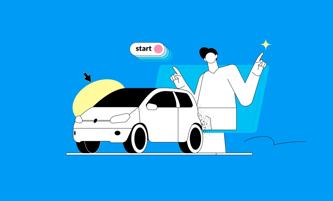 Ein weißes Cartoon-Auto mit einer aufgeregten Person daneben vor einem blauen Hintergrund.