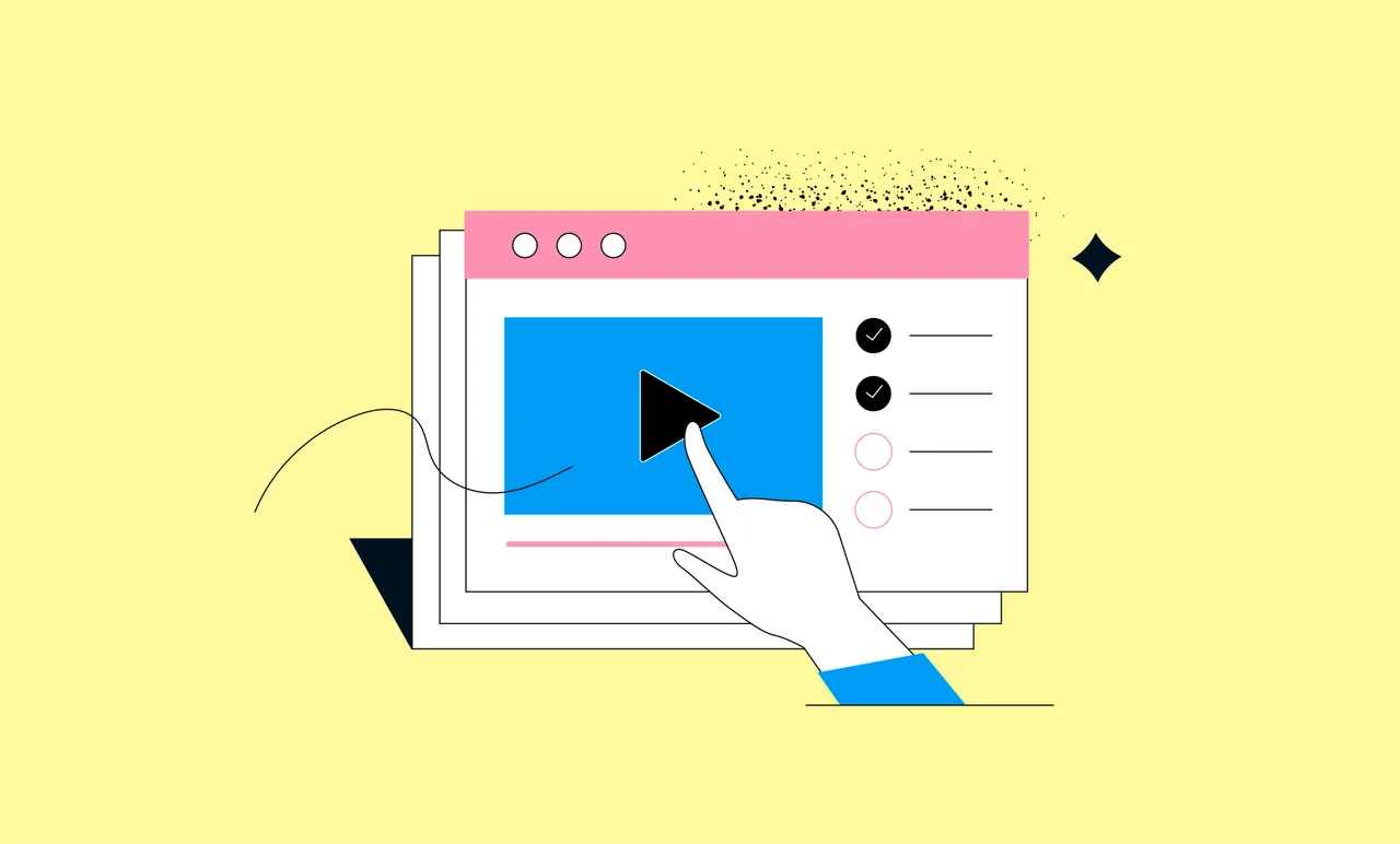 Illustration: Hand klickt auf Play-Button in einem Video-Player auf einer Webseite