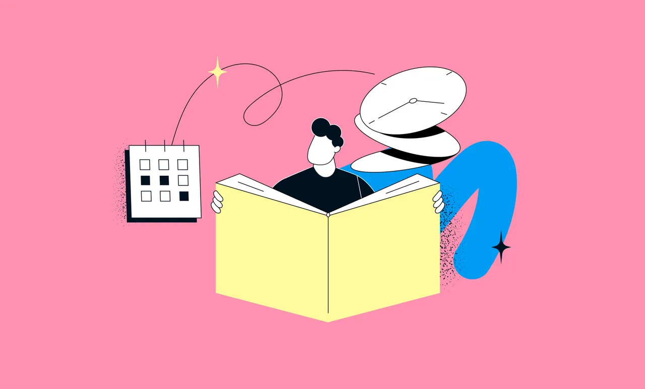 Illustration: Person liest Buch, Kalender und Uhr schweben daneben