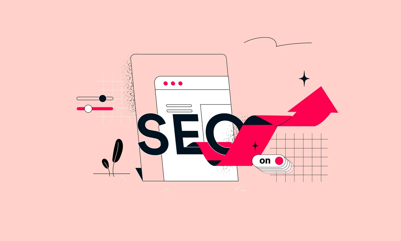 Illustration of a computer screen displaying SEO elements with upward arrows.
