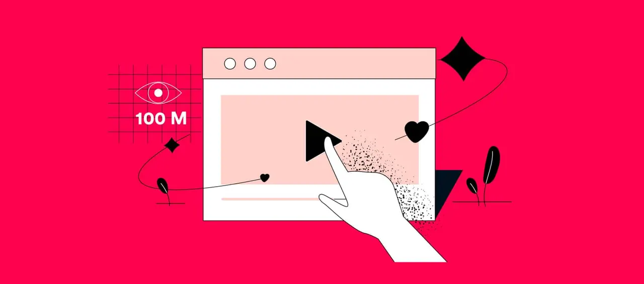 Illustration: Hand klickt Play-Button in Browserfenster, 100 Mio. Views