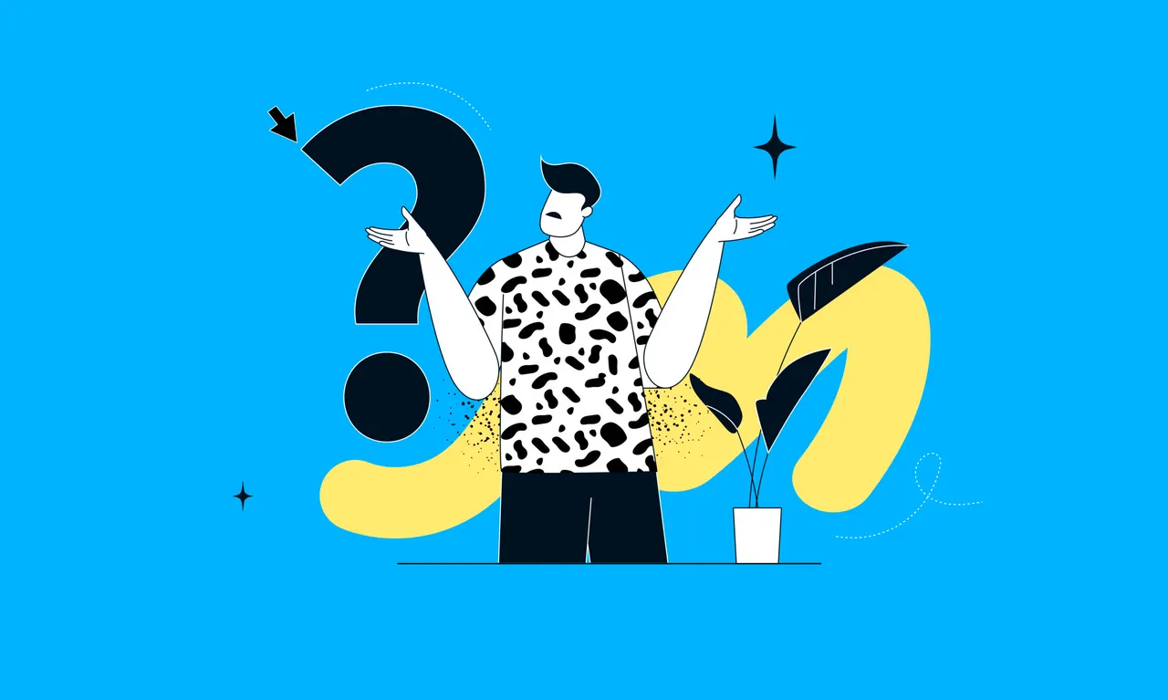 Illustration: Mann mit Fragezeichen und fragender Geste