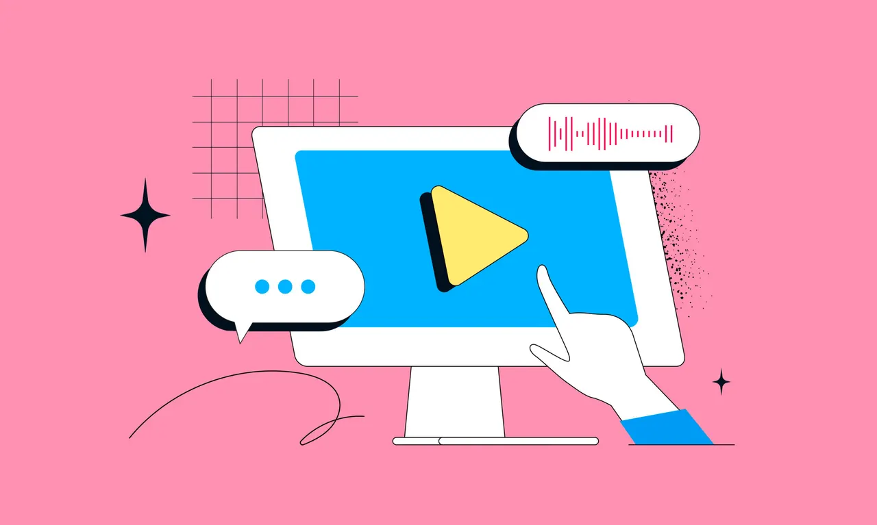 Illustration: Hand tippt auf Bildschirm mit Play-Button, Sprechblase und Audio-Wellenform