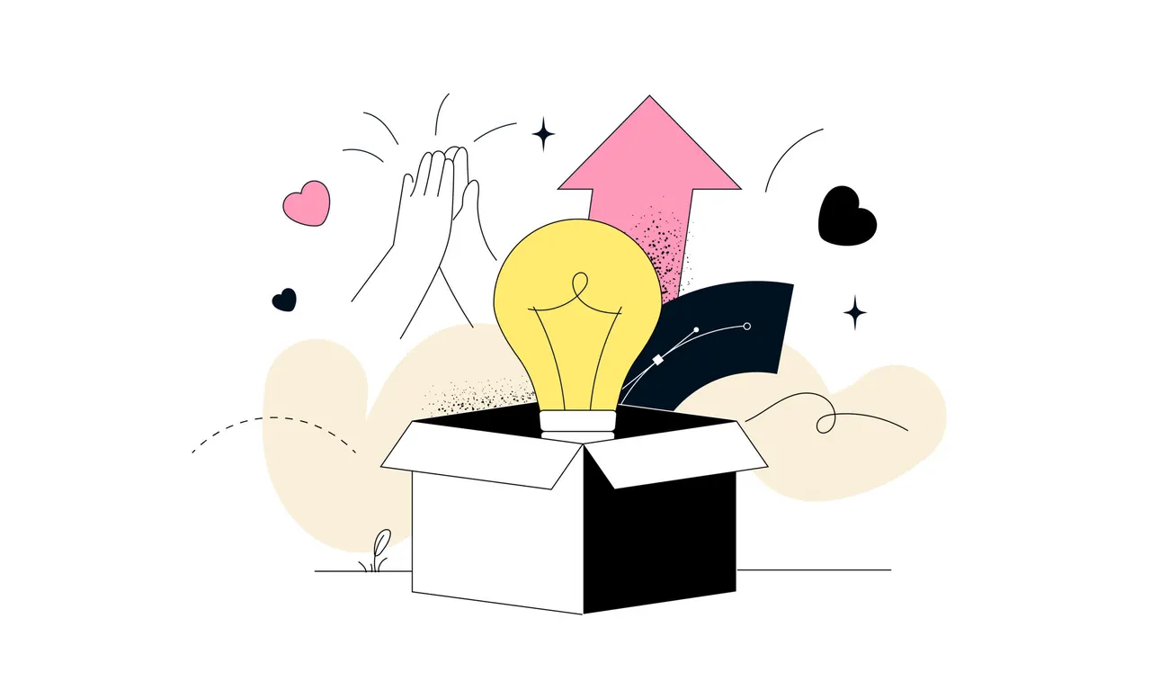 Illustration: Glühbirne in einer offenen Box, Hände klatschen, Pfeil nach oben
