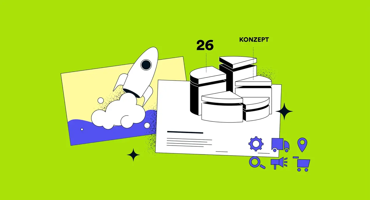 Illustration: Rakete startet, Tortendiagramm mit "KONZEPT", Icons für Marketing und Logistik