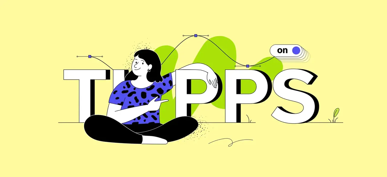 Illustration: Frau sitzt neben dem Wort „TIPPS“, das mit einem Bezier-Pfad verbunden ist