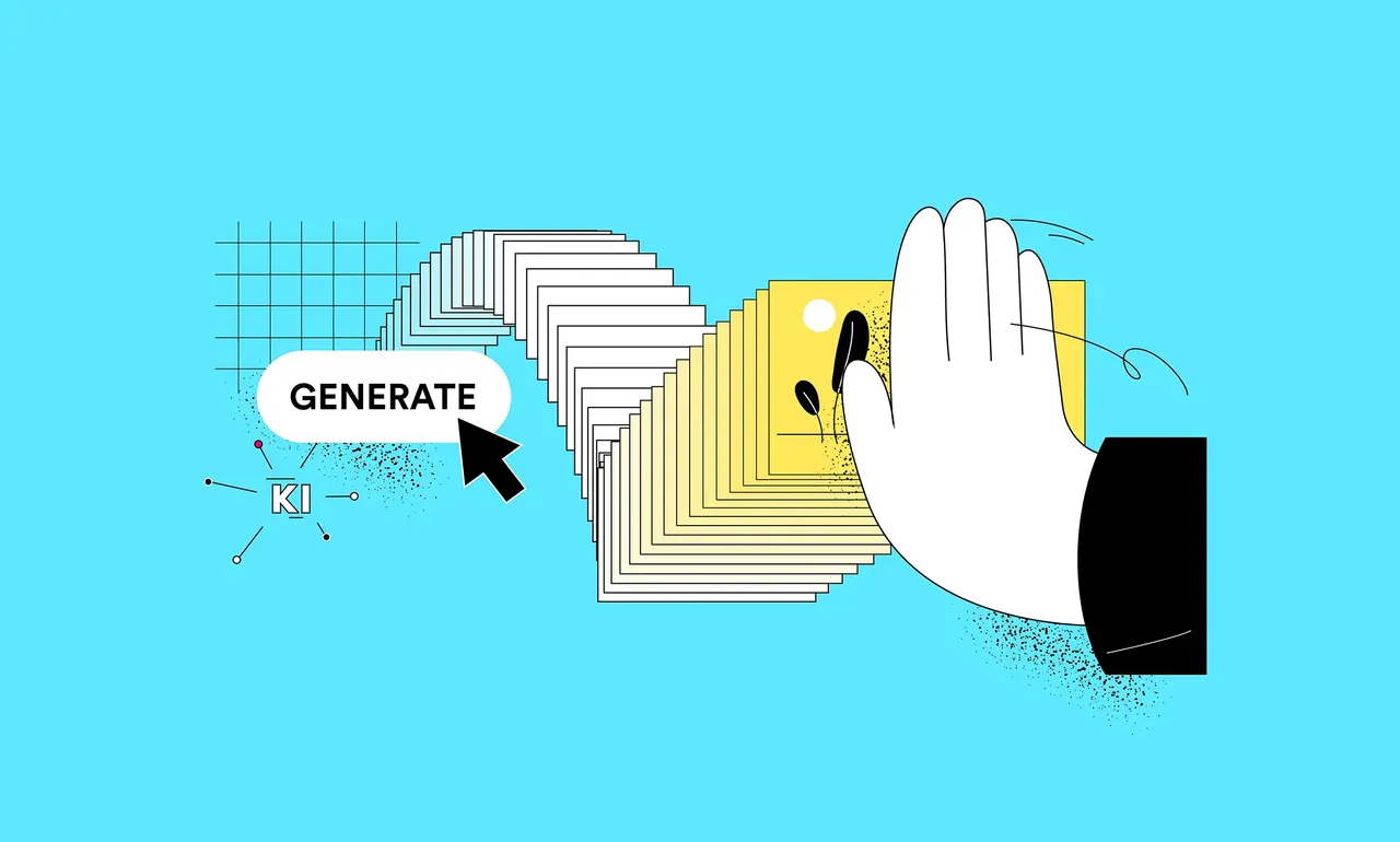 Illustration: Hand schwebt über Bildstapel, Cursor zeigt auf 'GENERATE'-Button vor hellblauem Hintergrund mit technischen Elementen.