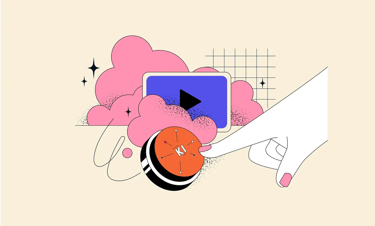 Illustration: Hand drückt orange 'KI'-Knopf vor pinker Wolke; Play-Symbol auf Bildschirm, Sterne und Raster.