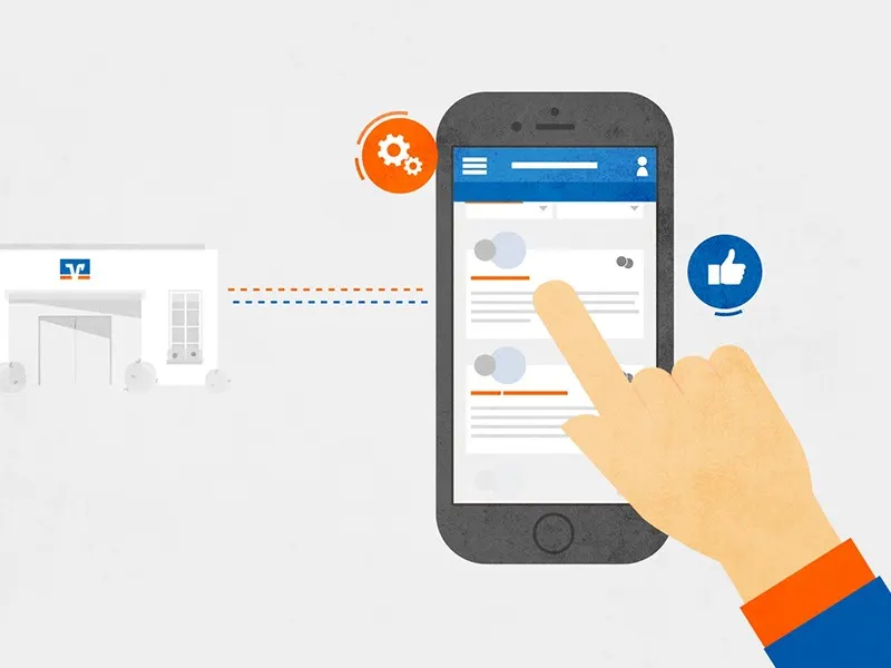 Eine Illustration zeigt eine Hand, die ein Smartphone mit sozialen Medien-Icons antippt.