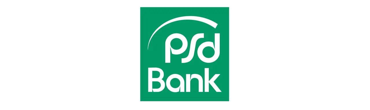Grünes Quadrat-Logo mit 'PSD Bank' in weißen Buchstaben.