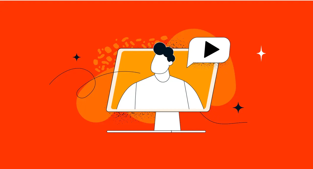 Illustration: Mann am Computer, Sprechblase mit Play-Symbol