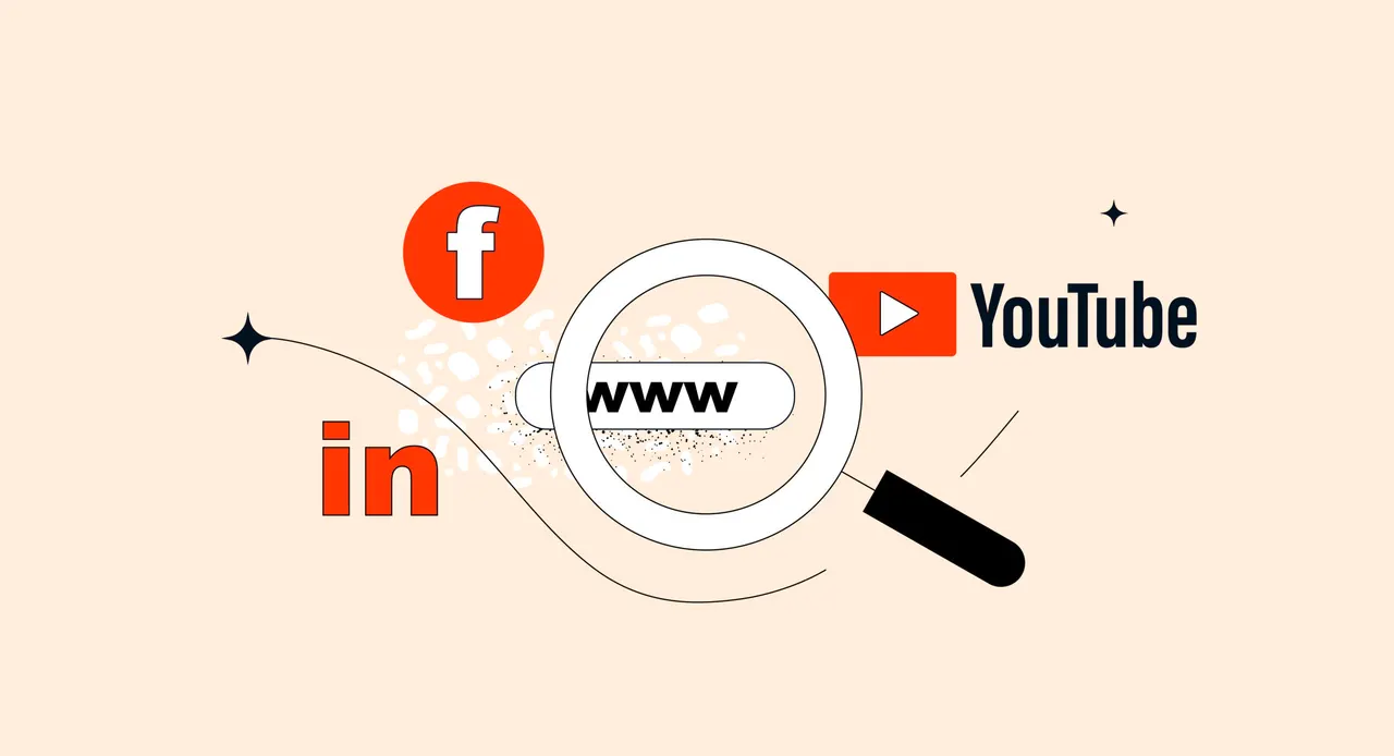 Illustration: Lupe sucht nach www, umgeben von Logos von Facebook, LinkedIn, YouTube