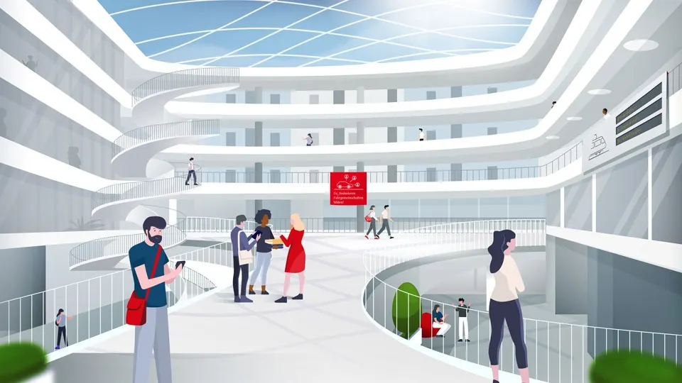 Illustration eines lichtdurchfluteten Atriums mit geschwungenen Stegen; mehrere Personen reden, gehen oder schauen aufs Smartphone.