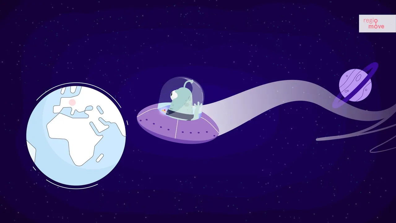 Ein cartoonhaftes Alien mit blaurem Körper steuert ein lila Raumschiff vorbei an der Erde.