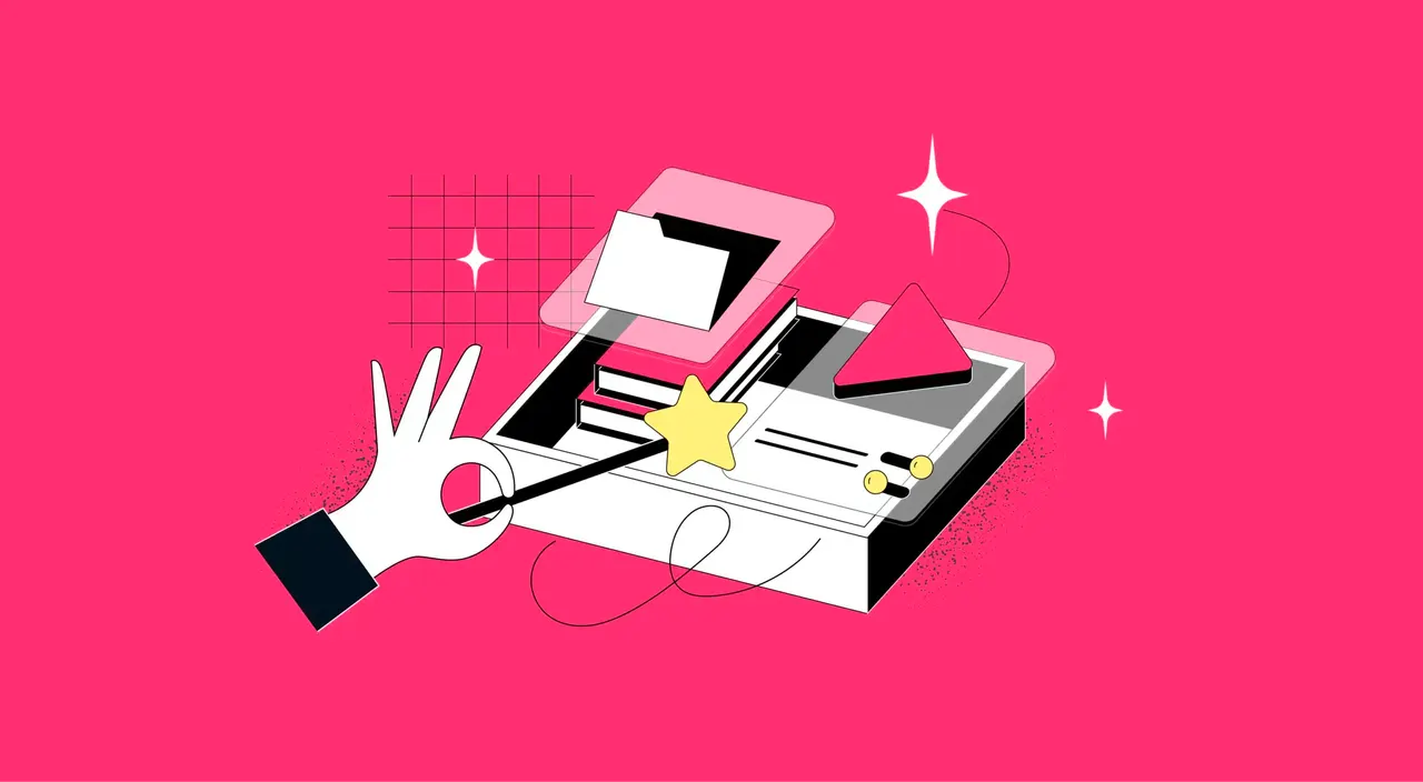 Eine Hand macht eine 'OK'-Geste neben bunten geometrischen Formen auf rosa Hintergrund.