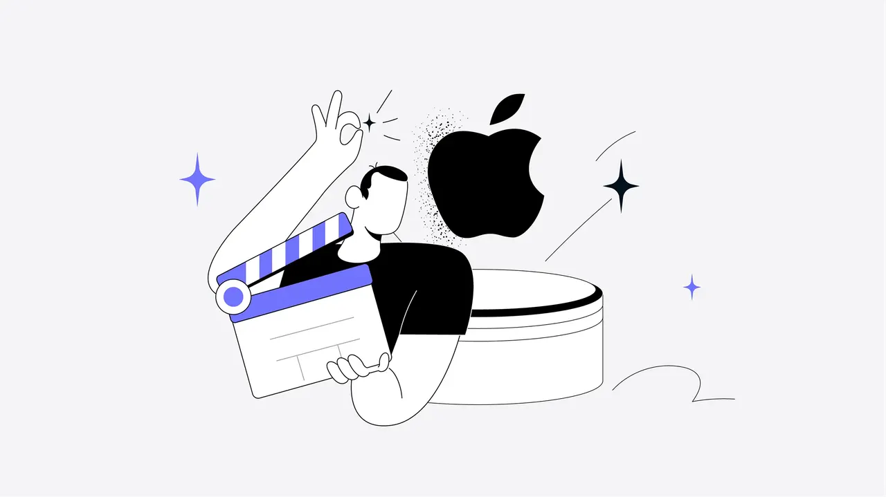 Illustration einer Person mit Filmklappe, OK‑Geste, Apple‑Logo und dekorativen Sternen im Hintergrund.