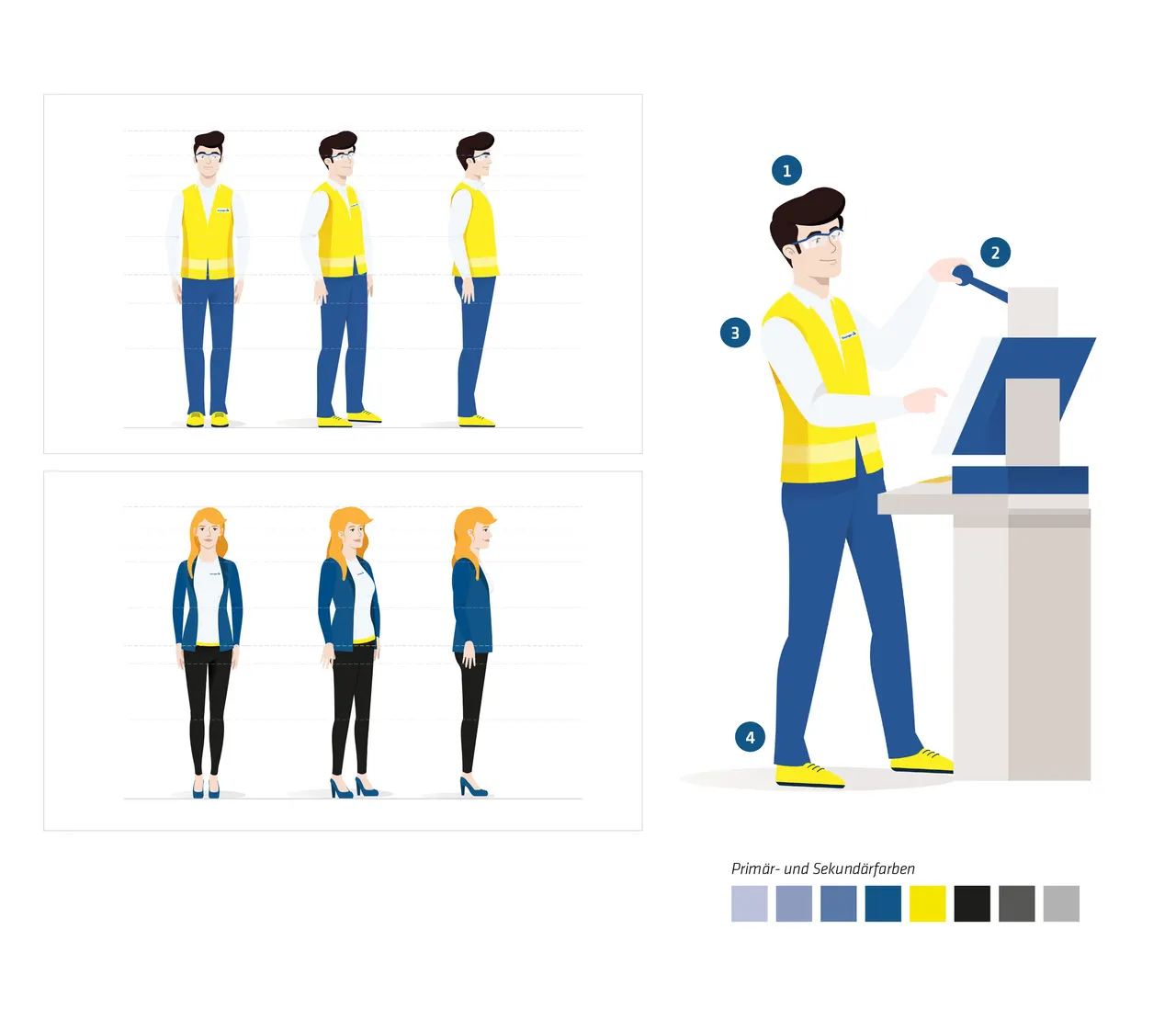 Illustration mit zwei Personen: Mann im gelben Sicherheitsweste und Frau in blauer Jacke.