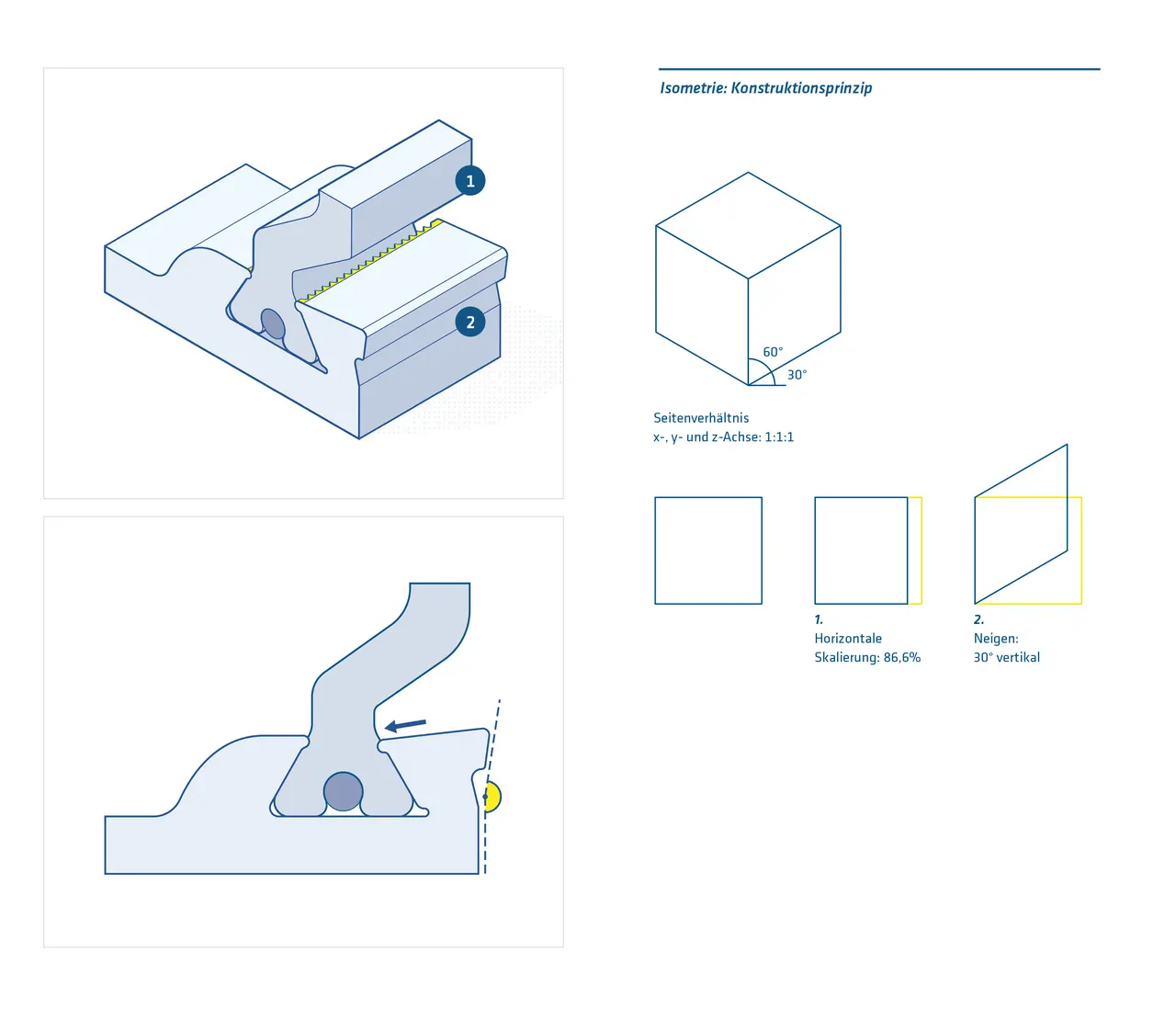 Isometrische Darstellung eines mechanischen Bauteils mit Beschriftungen und Maßlinien.