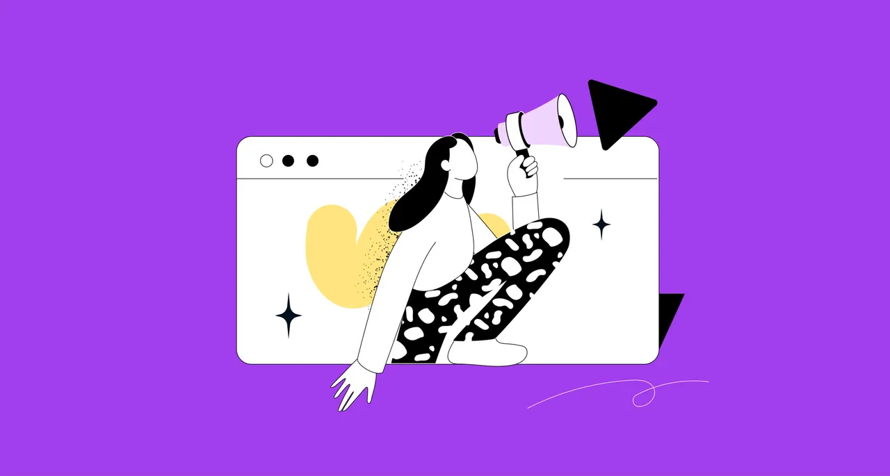 Stilisierte Illustration einer Person mit langem Haar, die ein Megafon vor einem Computerfenster hält.