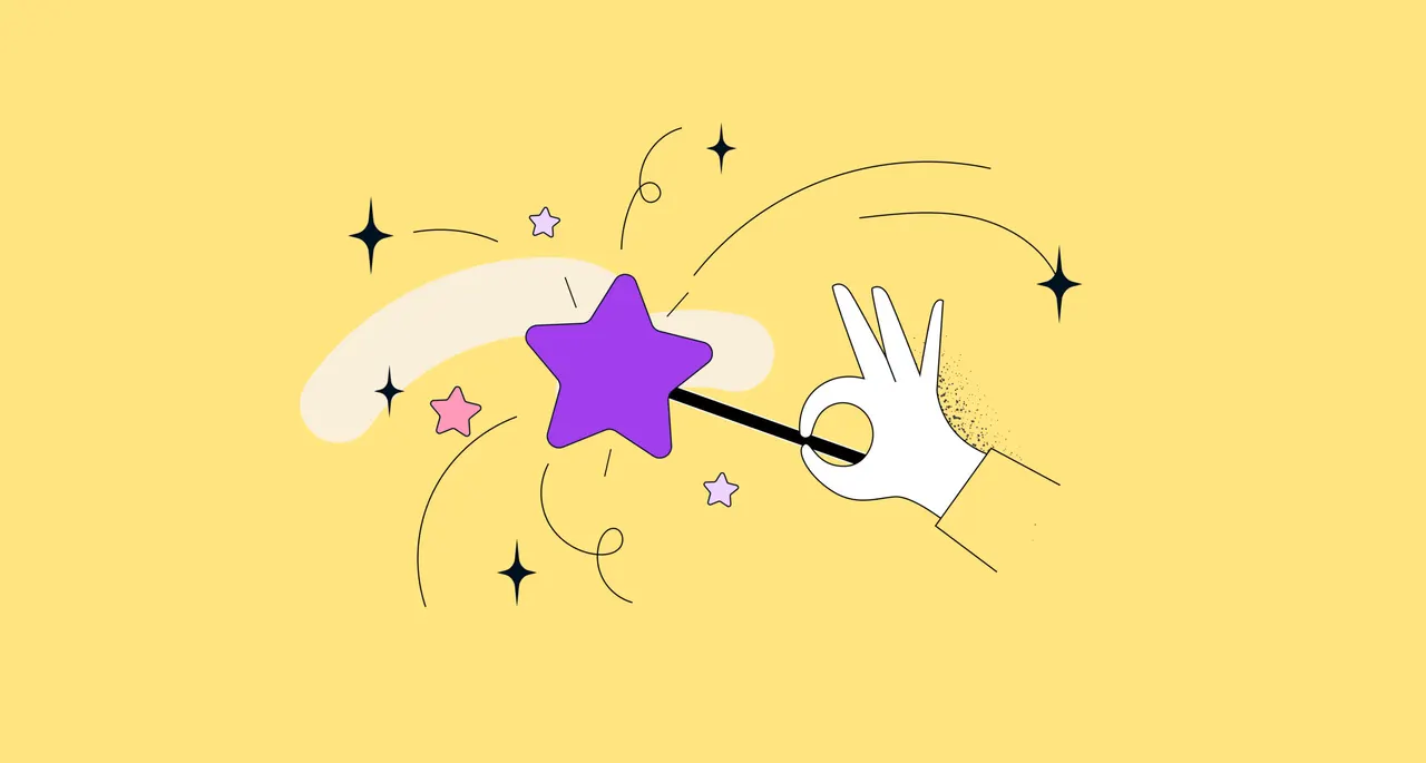 Illustration: Eine Hand hält einen Zauberstab, der lila Sterne und Glitzer versprüht