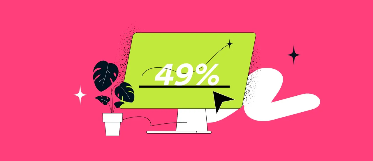 Illustration: Monitor mit 49% und ansteigendem Pfeil, Topfpflanze