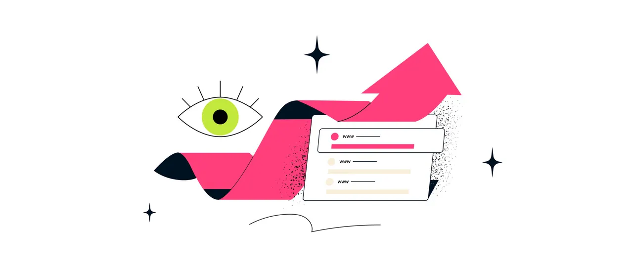 Illustration: Auge, rosafarbenes Band als Pfeil nach oben, Browserfenster mit www-Adressen