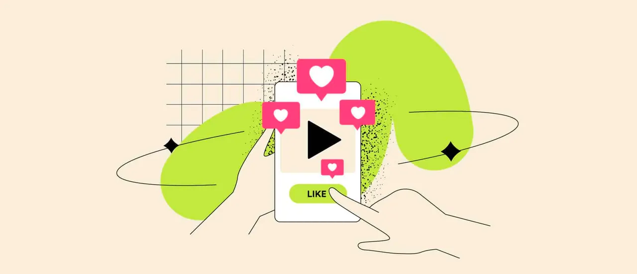Illustration: Hände halten Smartphone mit Video und vielen Herz-Likes, "Like"-Button