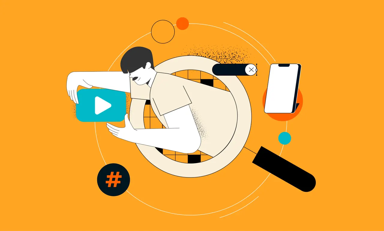 Eine stilisierte Person mit einem Play-Button-Symbol vor orangefarbenem Hintergrund.