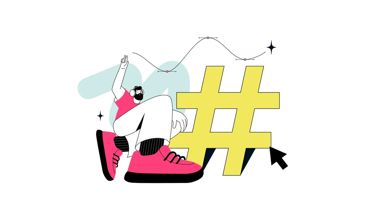 Illustration: Mann mit Kopfhörern sitzt auf einem großen gelben Hashtag, im Hintergrund eine Bezierkurve