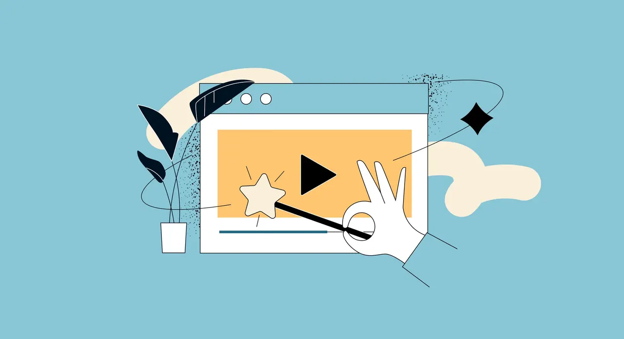 Computerbildschirm zeigt ein Video mit Play-Button und einem Zauberstab.