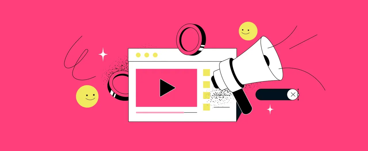 Illustration: Megafon vor einem Browserfenster mit Videoplayer und Emojis