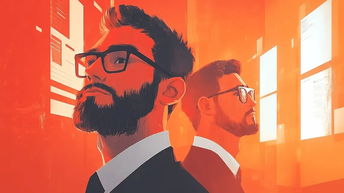 Illustration von zwei Männern mit Brille und Bart, Rücken an Rücken, vor orangem Hintergrund