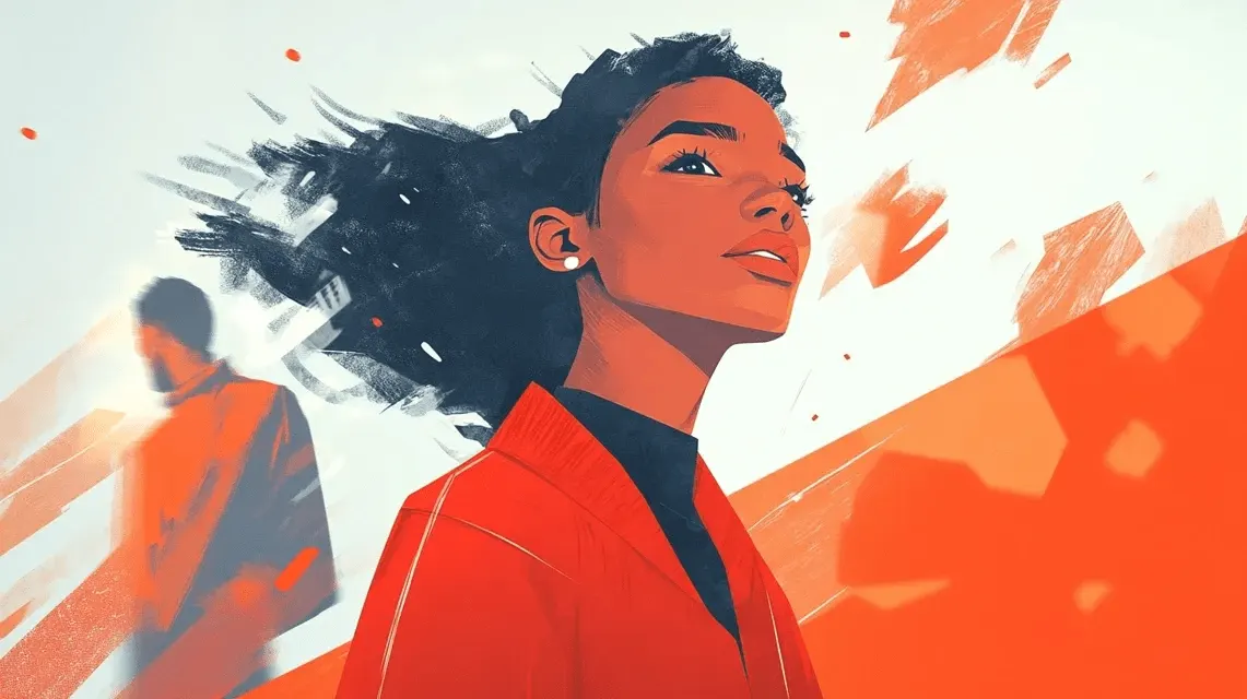 Illustration einer Frau in roter Jacke, die nach oben blickt, mit abstrakten Formen