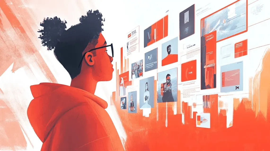 Illustration: Person schaut auf viele Bildschirme mit Grafiken und Texten