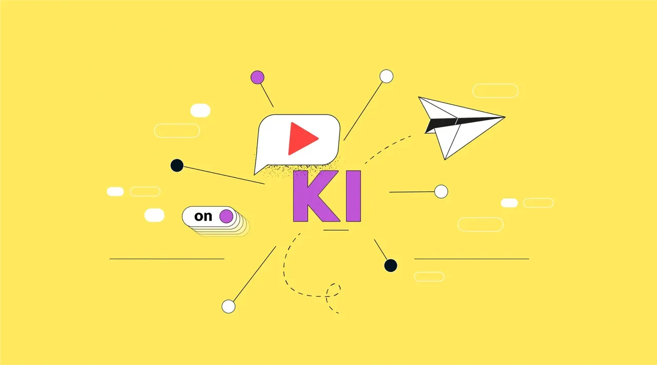 Heller gelber Hintergrund mit lila 'KI', Play-Button, Papierflieger und abstrakten Linien, symbolisiert digitale Kommunikation.