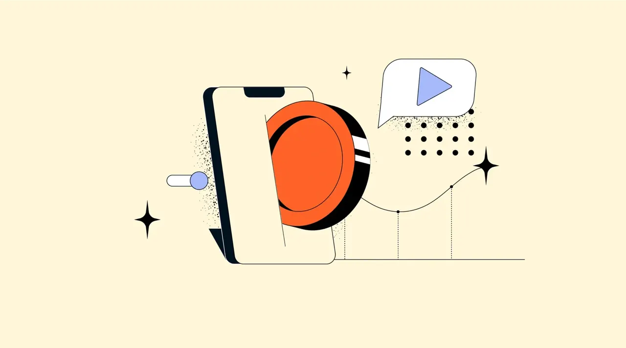 Smartphone mit orange-schwarzem Kreis, Sprechblase mit Play‑Symbol und punktierten Linien vor beigem Hintergrund.