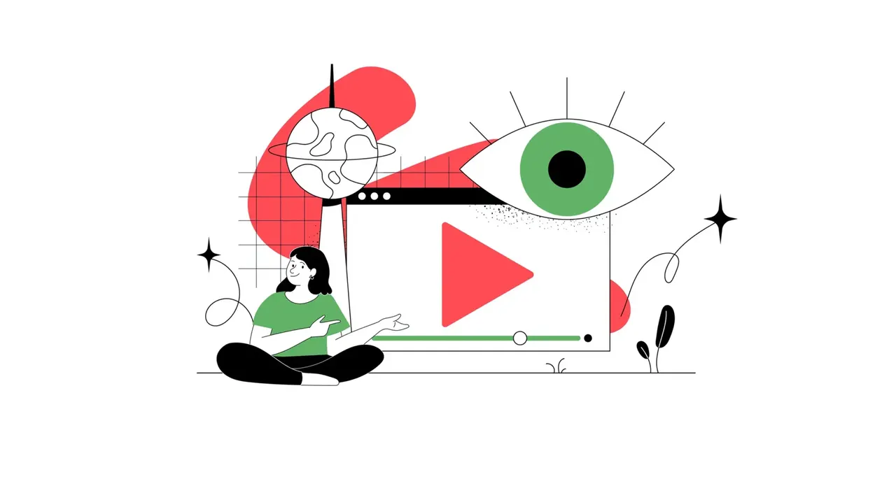 Eine Person sitzt im Schneidersitz und zeigt auf einen Video-Player mit rotem Play-Button, Globus und abstrakten Formen.