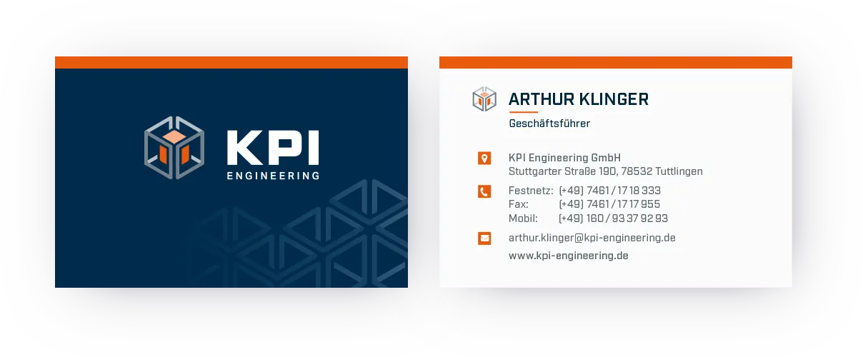 Visitenkarte von KPI Engineering mit blauem und orangefarbenem Design.