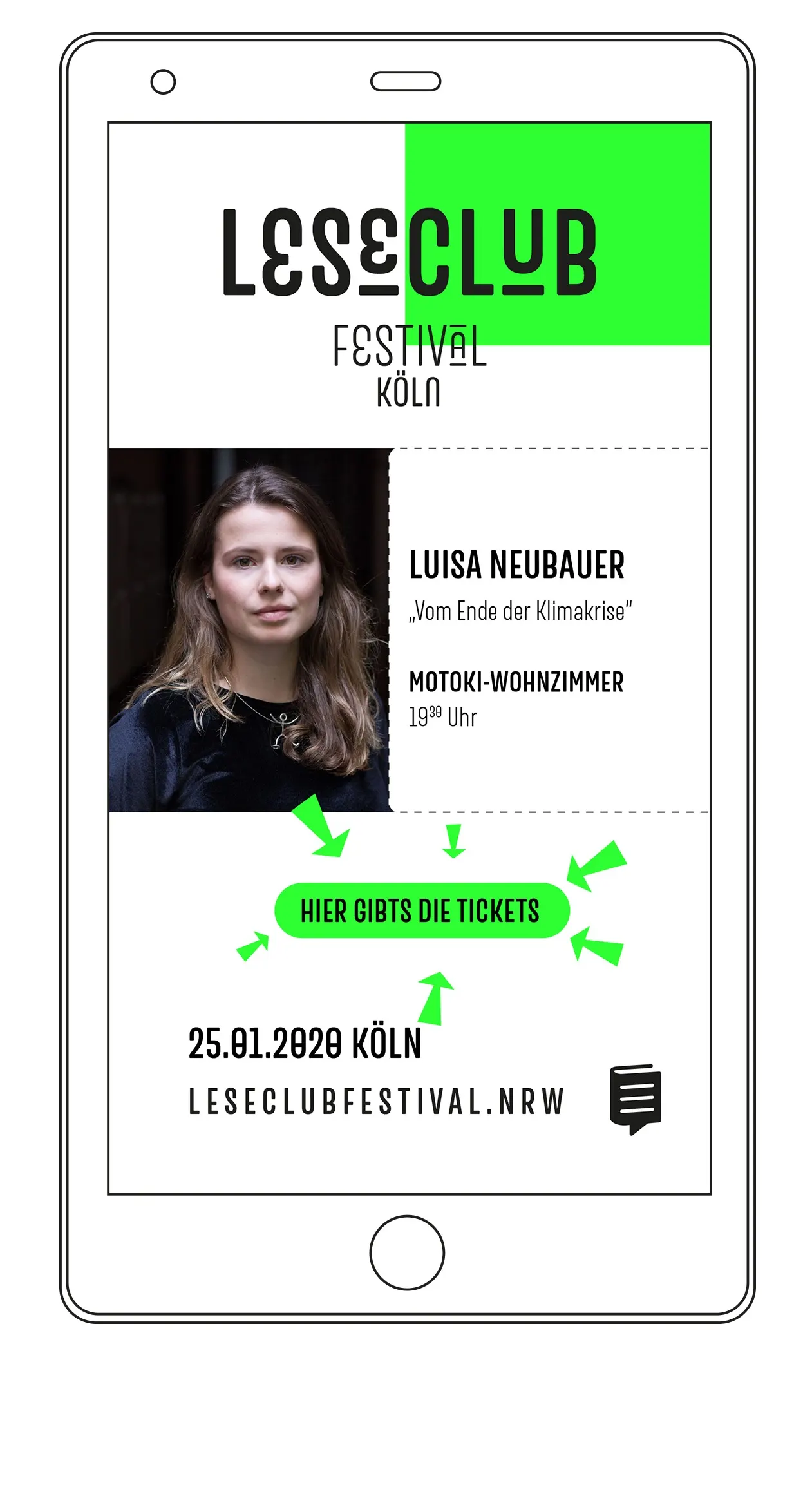 Promotional flyer für das Leseclub Festival in Köln mit Luisa Neubauer.