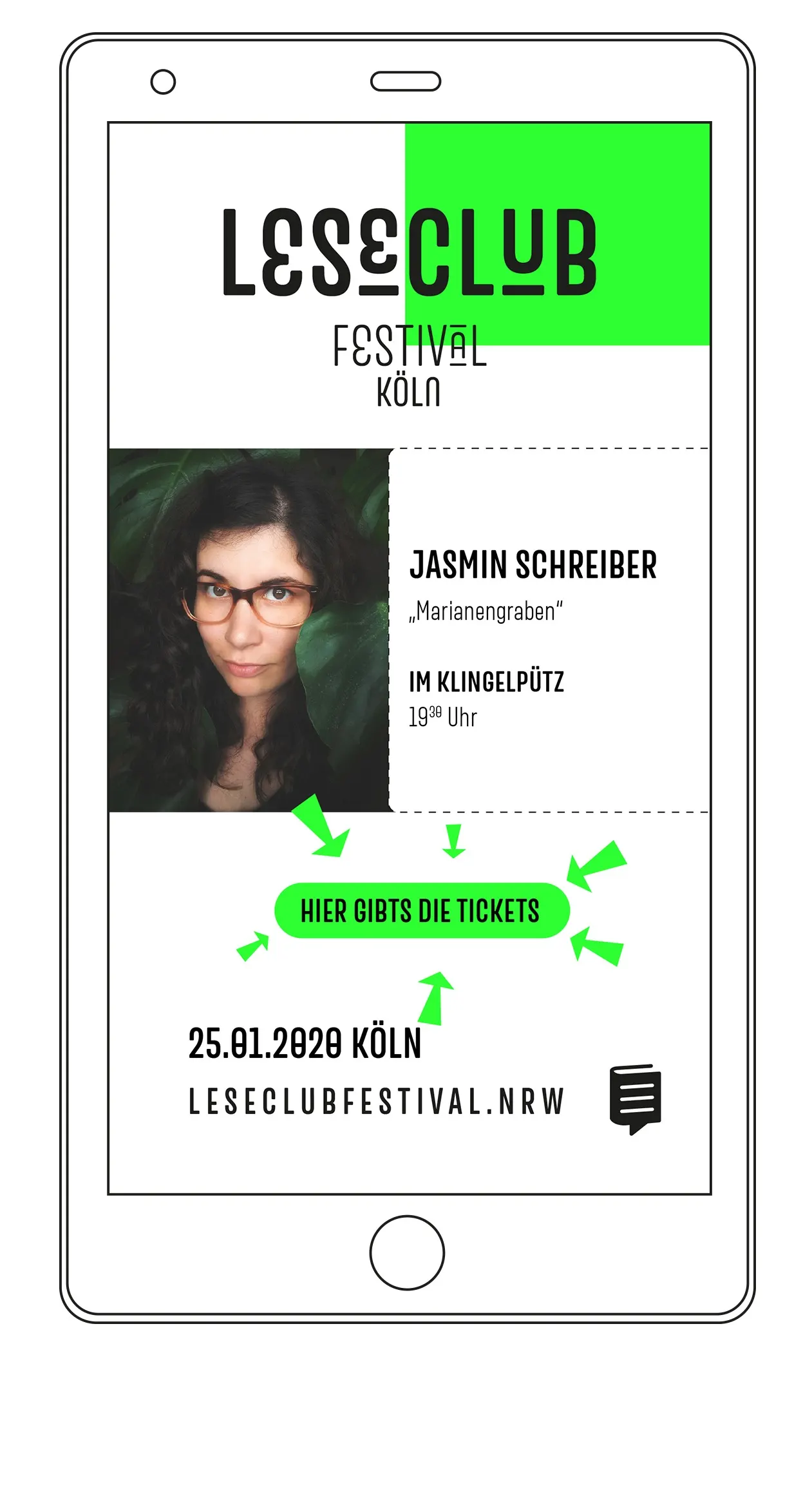 Promotional flyer for the literary festival featuring Jasmin Schreiber's work.