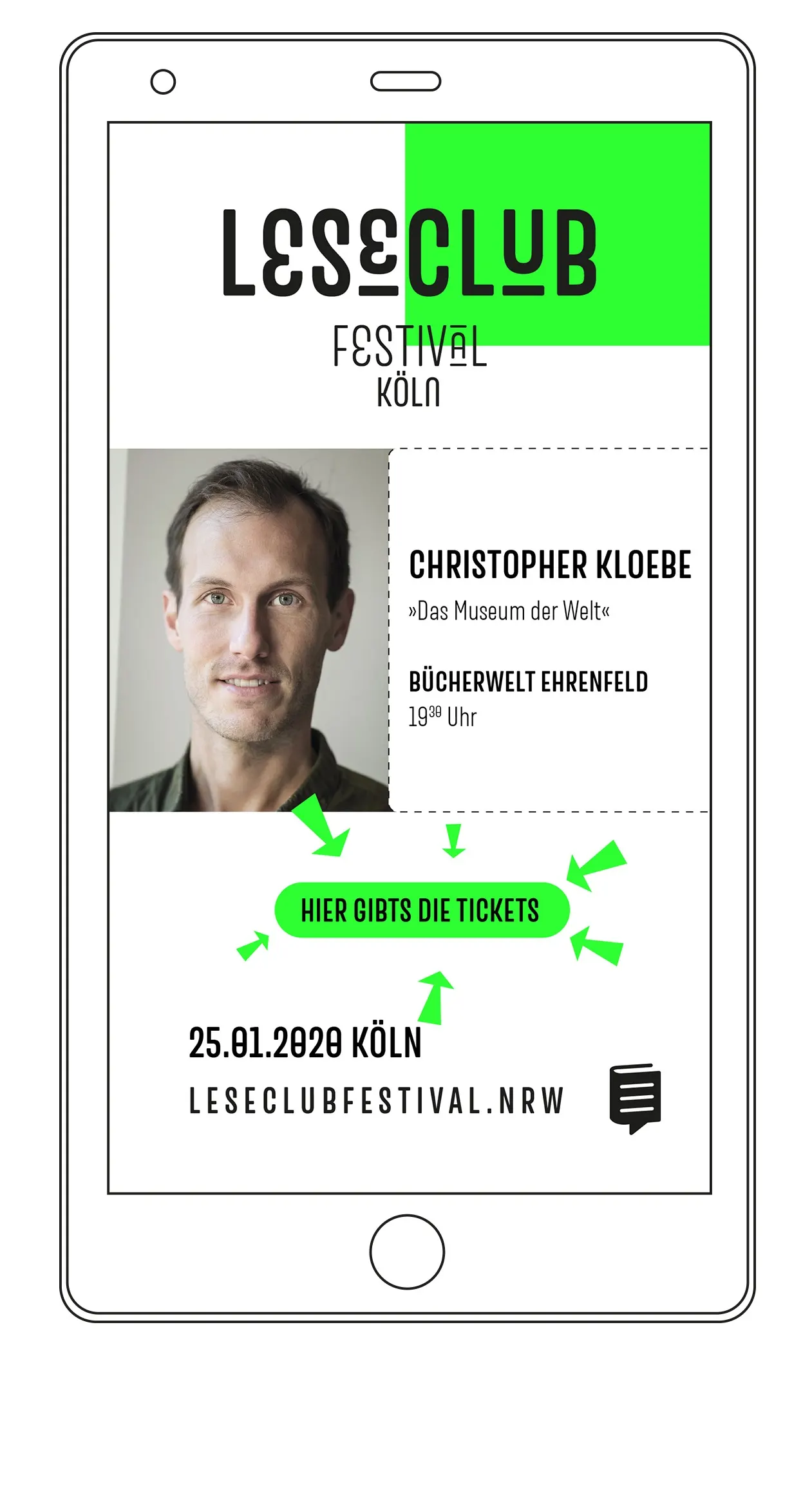 Promotional flyer for Lesefestival Köln featuring Christopher Kloebe's event details.