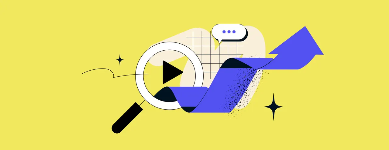 Illustration: Lupe mit Play-Button, Sprechblase, blauer Pfeil nach oben