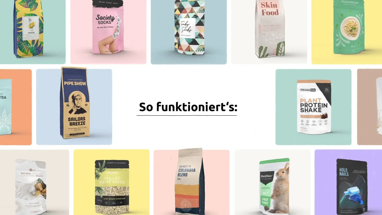 3D-Rendering: Verschiedene Produktverpackungen auf farbigen Hintergründen, in der Mitte der Text "So funktioniert's:"