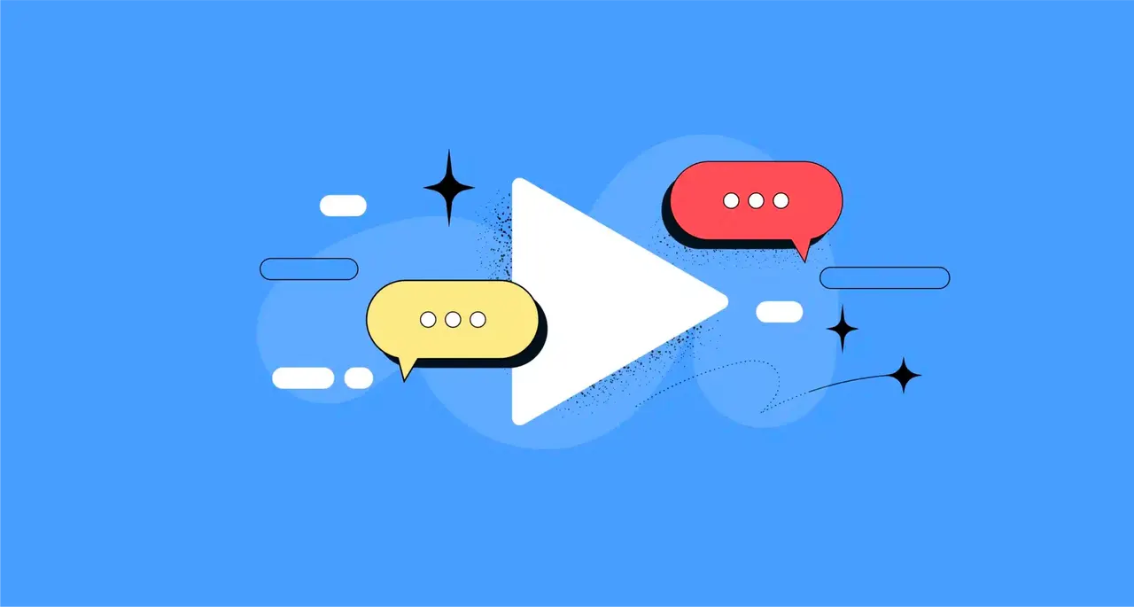 Illustration: Play-Button mit Sprechblasen auf blauem Hintergrund
